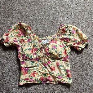 No Boundaries Yellow Floral Puff-Sleeve Crop Top